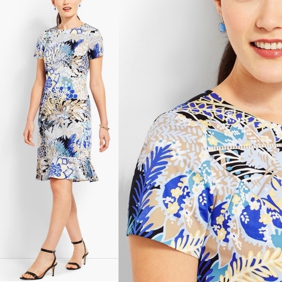 Talbots Botanical Floral Blue Multi Flounce Hem Short Sleeve Sateen Sheath 14 - Picture 1 of 7